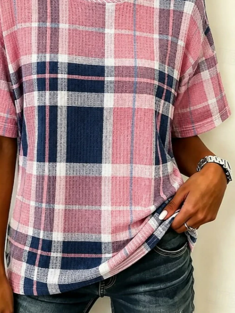Pink Plaid Crew Neck Short Sleeve T-Shirt