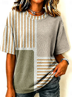 Khaki Patchwork Striped Crew Neck Tee