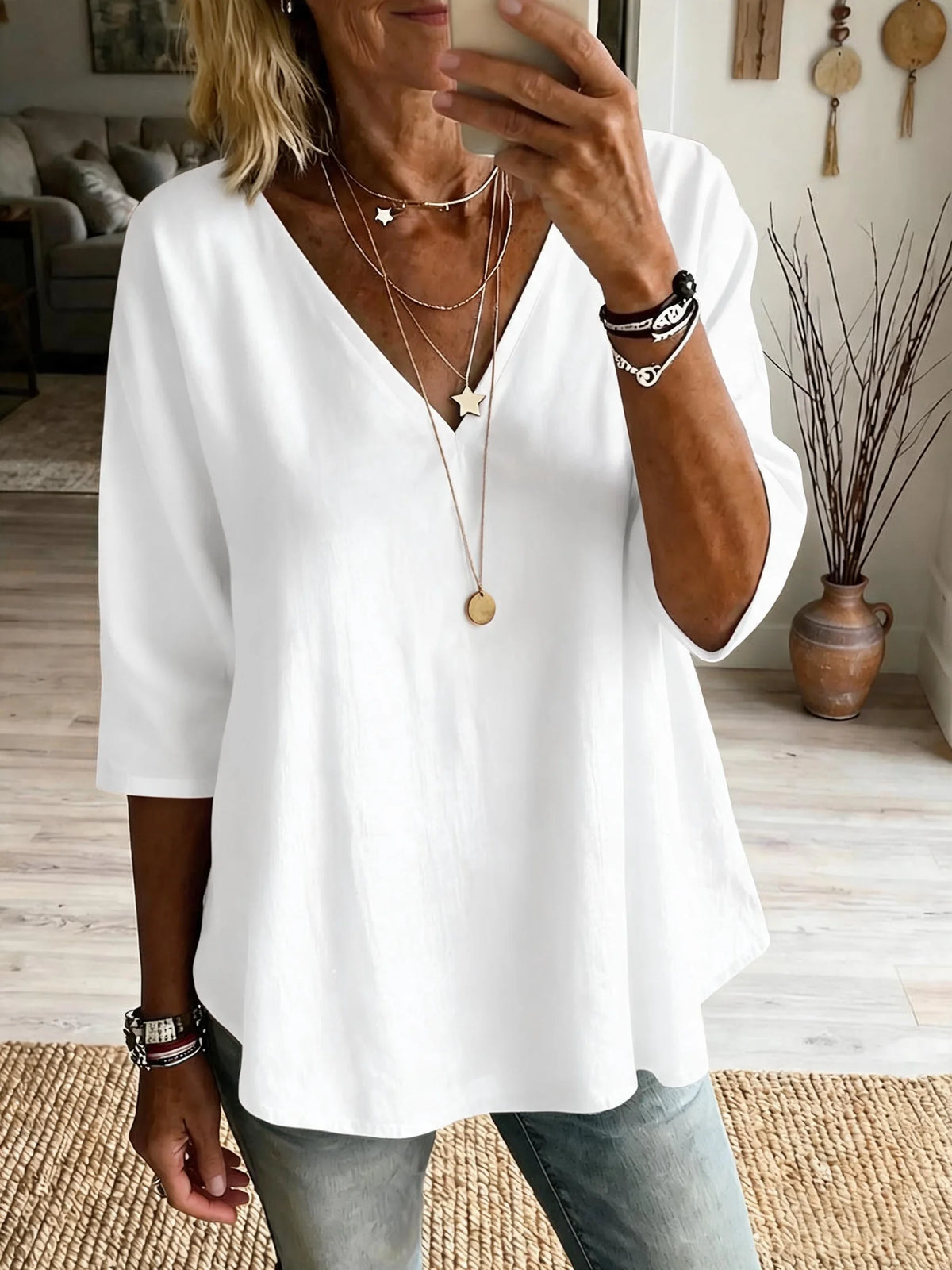 Plain White V-Neck Three-Quarter Sleeve Blouse