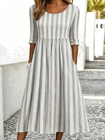 Gray Striped Crew Neck Half-Sleeve A-Line Midi Dress