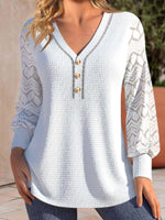 Plain Lace V Neck Micro-Elasticity Long Sleeves Loose Blouse
