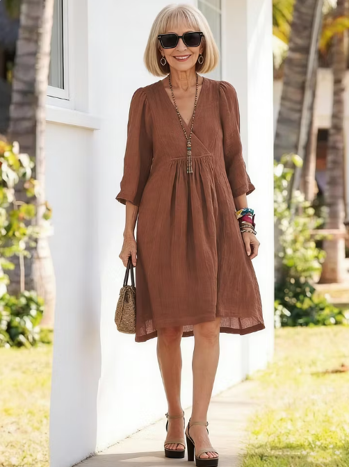 Women's Cotton and Linen 3/4 Sleeve V-neck Loose Casual Pocket Dress
