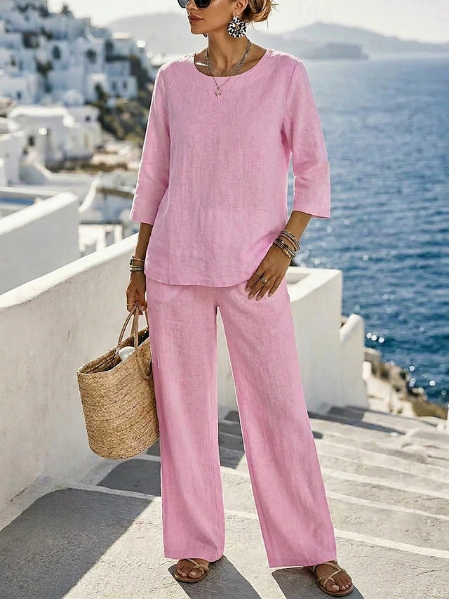 Pink Linen 3/4 Sleeve Top & Wide Leg Pants 2 Piece Set