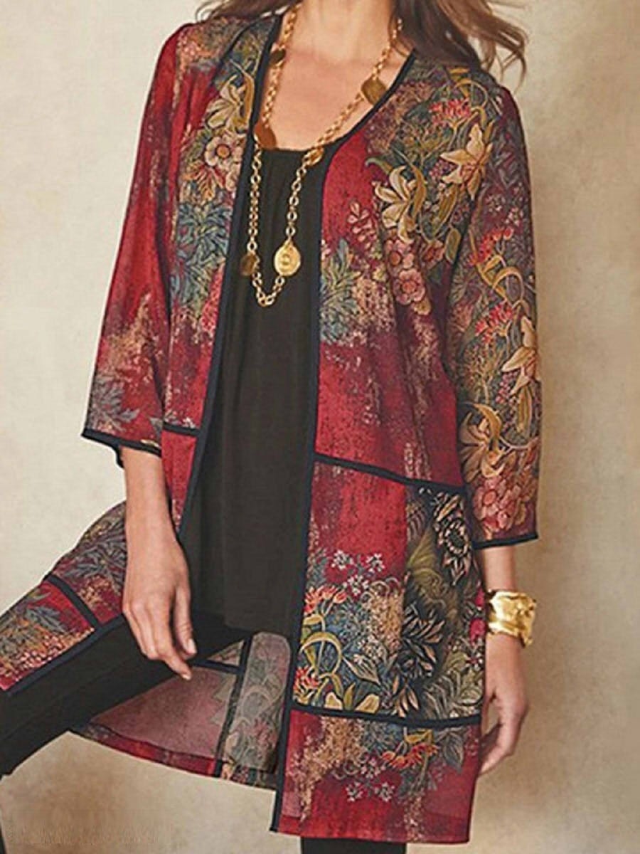 Red Floral Print Three-quarter Sleeves Cardigan