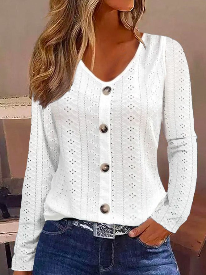 Buttoned Plain Casual Eyelet Embroidery Long Sleeves Blouse