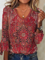 Red Casual V Neck Ethnic 3/4 Sleevess Blouse