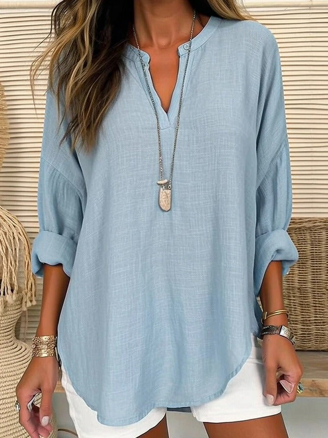 Plain Loose V Neck Long Sleeves Casual Blouse