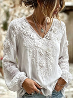 White 3D Floral Lace V-Neck Long Puff Sleeve Lightweight Blouse