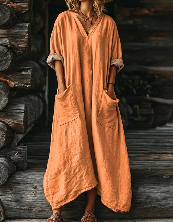 Women's Solid Color V-neck Long Sleeve Pocket Cotton Dress