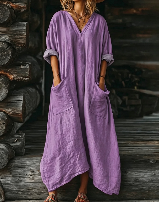 Women's Solid Color V-neck Long Sleeve Pocket Cotton Dress