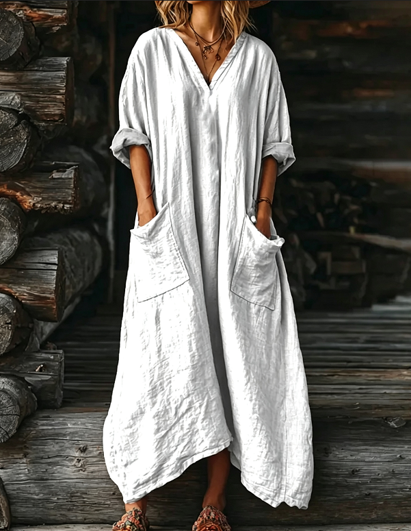 Women's Solid Color V-neck Long Sleeve Pocket Cotton Dress