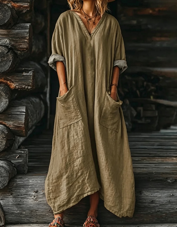 Women's Solid Color V-neck Long Sleeve Pocket Cotton Dress
