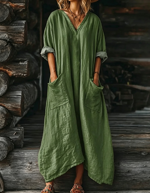 Women's Solid Color V-neck Long Sleeve Pocket Cotton Dress