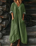 Women's Solid Color V-neck Long Sleeve Pocket Cotton Dress
