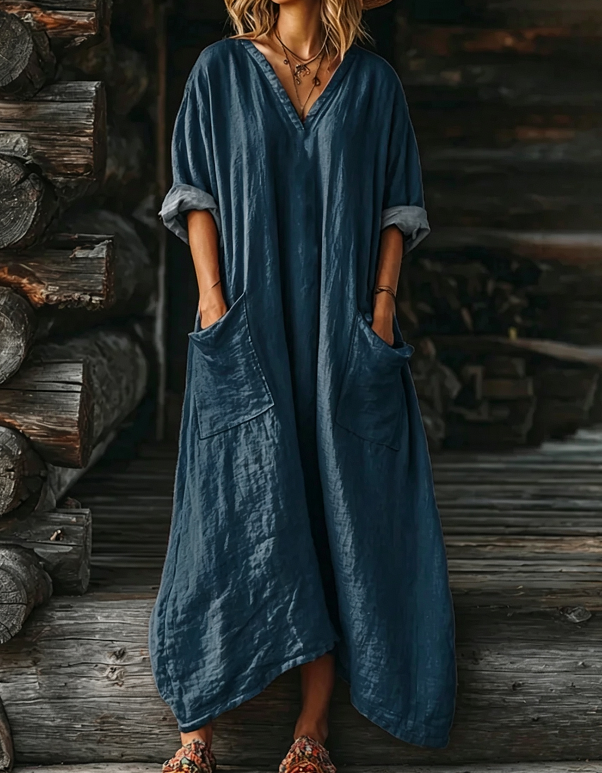 Women's Solid Color V-neck Long Sleeve Pocket Cotton Dress
