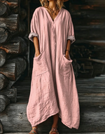 Women's Solid Color V-neck Long Sleeve Pocket Cotton Dress