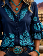 Teal Denim Floral Vine Embroidery Lapel Double Flounce Half Sleeve Button Down Shirt