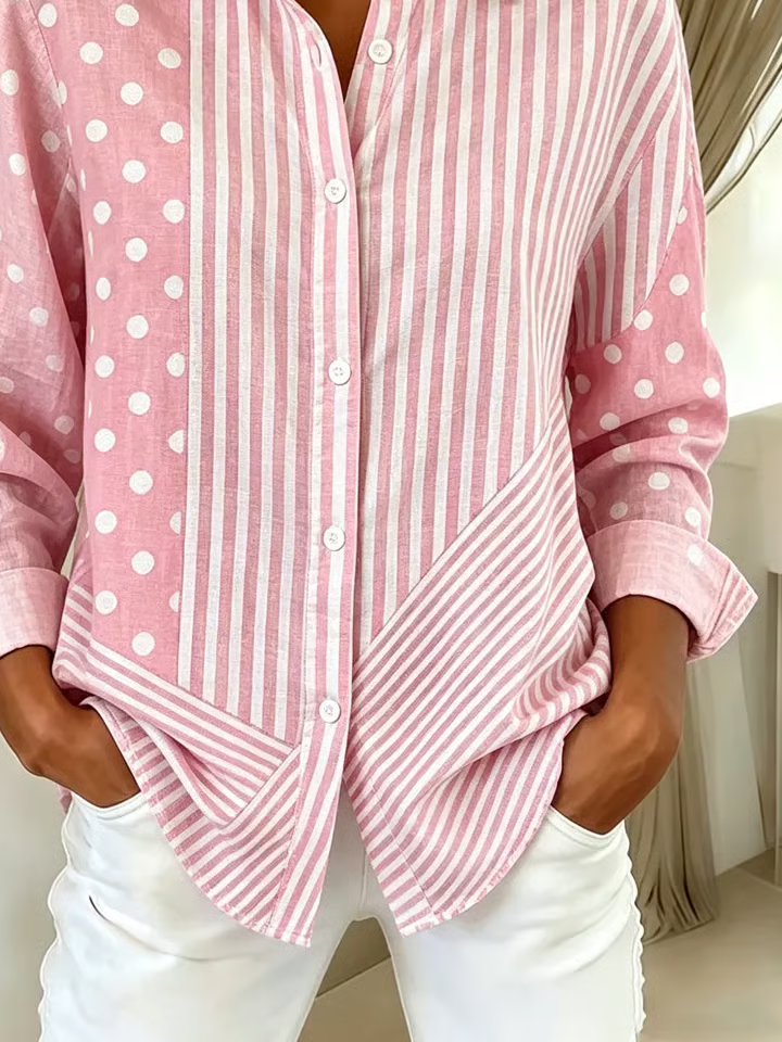 Pink Mixed Polka Dot & Vertical Stripe Patchwork Lapel Long Sleeve Button Down Shirt
