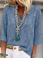 Blue Vintage Golden Branch Print V-Neck Three-Quarter Sleeve Casual Tunic Top