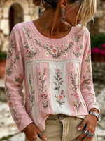 Pink Color Block Floral Embroidery Crew Neck Long Sleeve Casual T-Shirt
