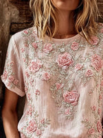 Pink 3D Rose Floral Rhinestone Embellished Crew Neck Short Sleeve Casual T-Shirt