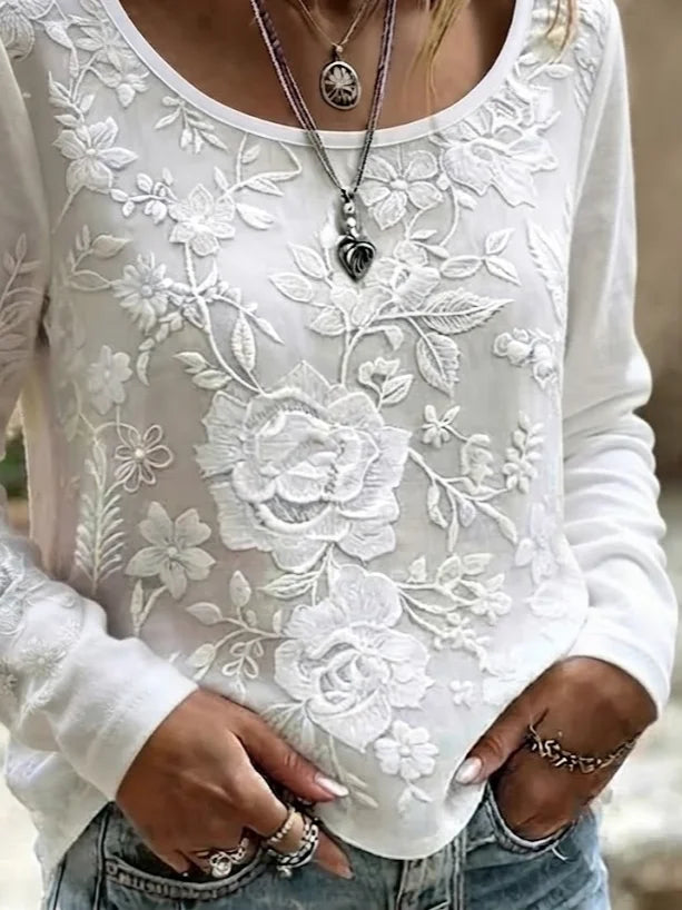 White Large Rose Floral Embroidery Scoop Neck Long Sleeve Casual T-Shirt