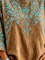 Vintage Brown Turquoise Floral Embroidery Crew Neck Loose Half Sleeve Western T-Shirt