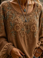 Brown Vintage Floral Scroll Embroidery Scoop Neck Puff Elastic Cuff Long Sleeve Loose Blouse