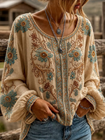 Beige Vintage Teal Floral Scroll Embroidery Scoop Neck Elastic Cuff Long Sleeve Loose Blouse