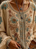 Beige Vintage Teal Floral Scroll Embroidery Scoop Neck Elastic Cuff Long Sleeve Loose Blouse