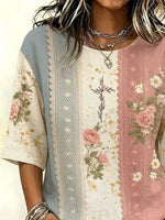 Color Block Lace Panel Rose Floral Print Crew Neck Half Sleeve Casual Blouse