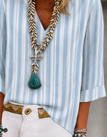 Blue White Vertical Striped V-Neck Cuffed Three-Quarter Sleeve Vintage Casual T-Shirt