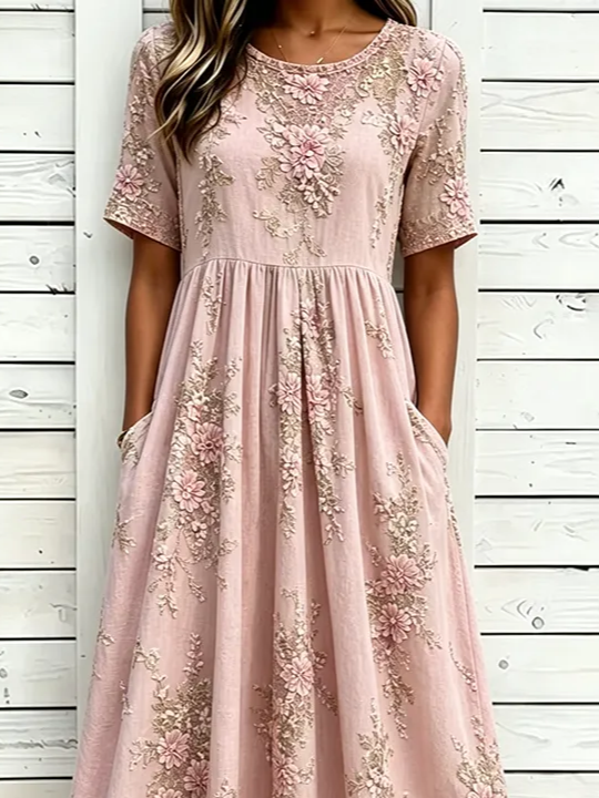 Pink 3D Floral Embroidery Crew Neck Short Sleeve Empire Waist H-Line Midi Dress