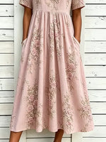 Pink 3D Floral Embroidery Crew Neck Short Sleeve Empire Waist H-Line Midi Dress