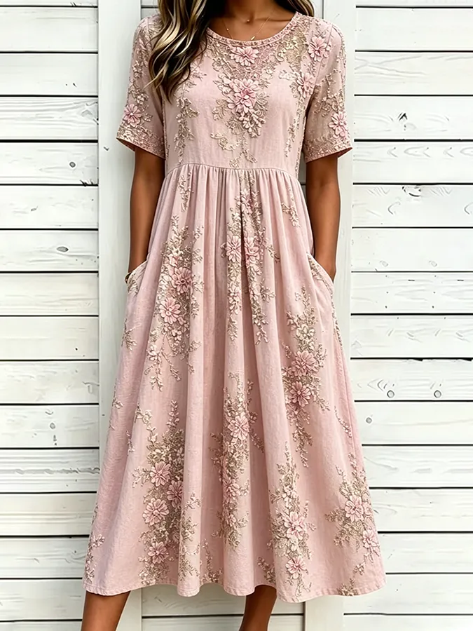 Pink 3D Floral Embroidery Crew Neck Short Sleeve Empire Waist H-Line Midi Dress