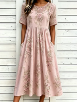 Pink 3D Floral Embroidery Crew Neck Short Sleeve Empire Waist H-Line Midi Dress