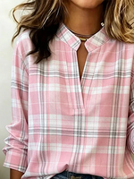 Pink White Grey Plaid Mandarin Split V-Neck Long Sleeve Regular Fit Blouse