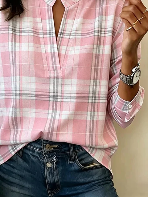 Pink White Grey Plaid Mandarin Split V-Neck Long Sleeve Regular Fit Blouse