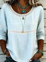 Light Blue Vertical Striped Eyelet Lace Trim Scoop Neck Three-Quarter Sleeve Loose Blouse