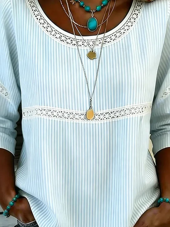 Light Blue Vertical Striped Eyelet Lace Trim Scoop Neck Three-Quarter Sleeve Loose Blouse