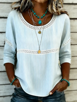 Light Blue Vertical Striped Eyelet Lace Trim Scoop Neck Three-Quarter Sleeve Loose Blouse