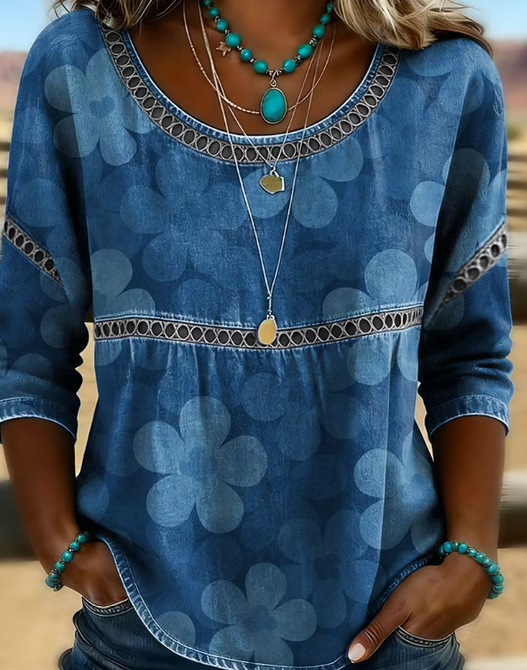 Blue Denim-Look Large Floral Print Scoop Neck Eyelet Lace Peplum Three-Quarter Sleeve Loose Blouse