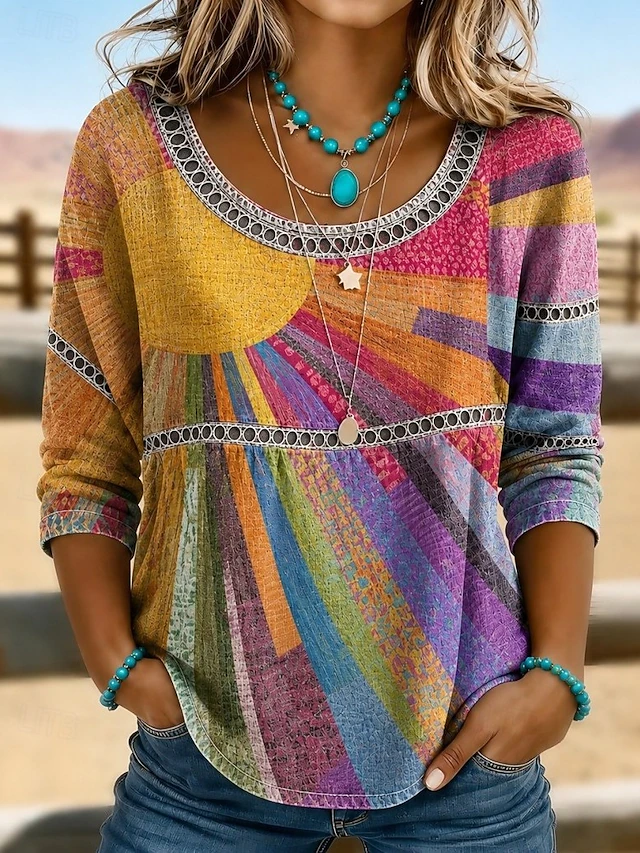 Multicolor Sunburst Rainbow Striped Eyelet Lace Scoop Neck Peplum Three-Quarter Sleeve Loose Blouse