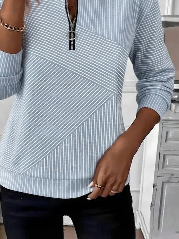 Light Blue Diagonal Striped Half Zip Stand Collar Long Sleeve Casual Sweatshirt