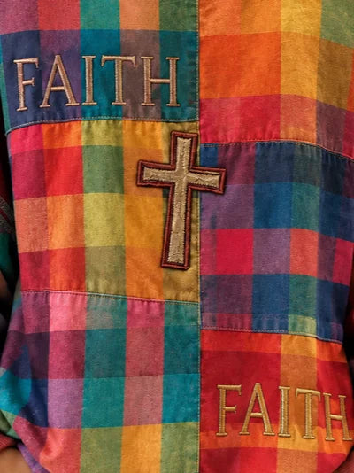 Multicolor Plaid Faith Cross Embroidery Crew Neck Long Sleeve Loose Sweatshirt