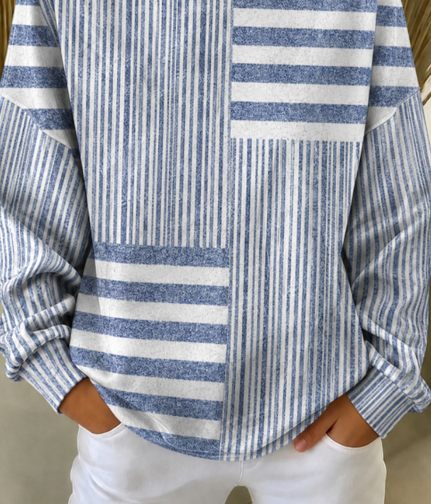 Blue White Patchwork Mixed Vertical & Horizontal Stripe Crew Neck Long Sleeve Loose Sweatshirt