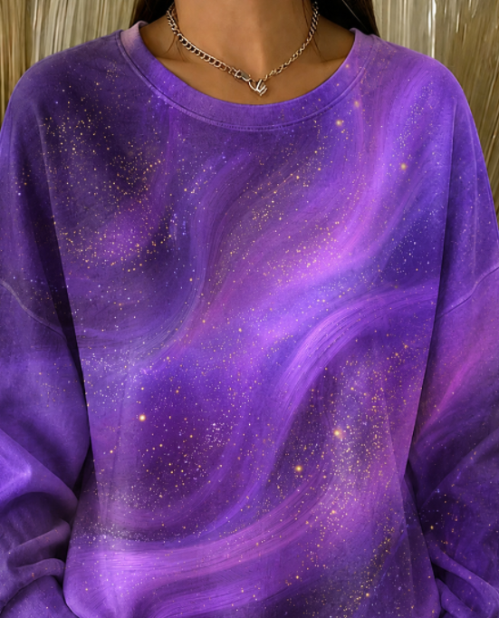 Purple Galaxy Swirl Glitter Ombre Crew Neck Long Sleeve Loose Casual Sweatshirt