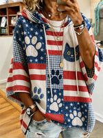 American Flag Patchwork Cat Paw Print Short Sleeve Drawstring Hoodie