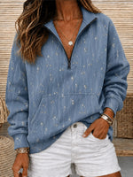 Blue Delicate Floral Print Half Zip Stand Collar Long Sleeve Sweatshirt