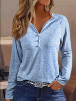 V Neck Buttons Casual Plain Long Sleeves T-shirt